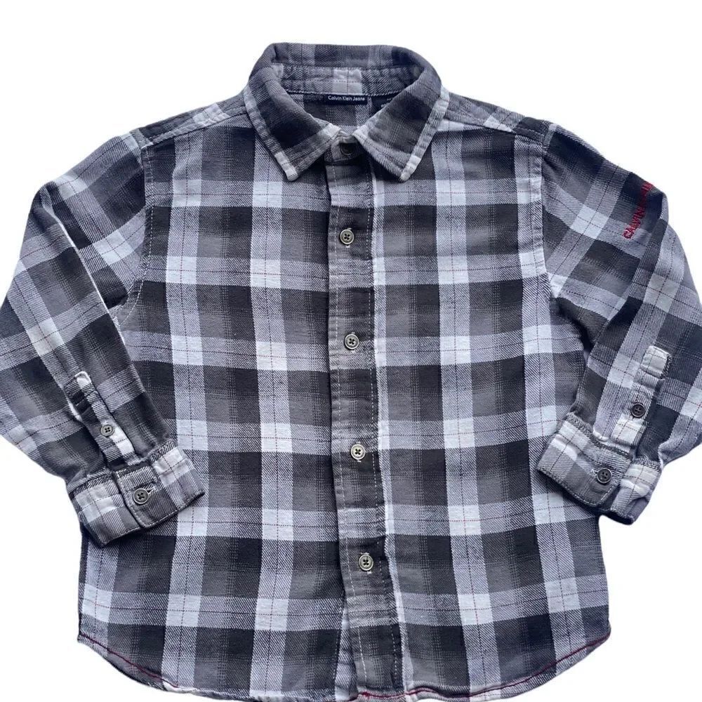 Calvin Klein Boys Long Sleeve Gray Plaid Button Down Shirt - Picture 1 of 6